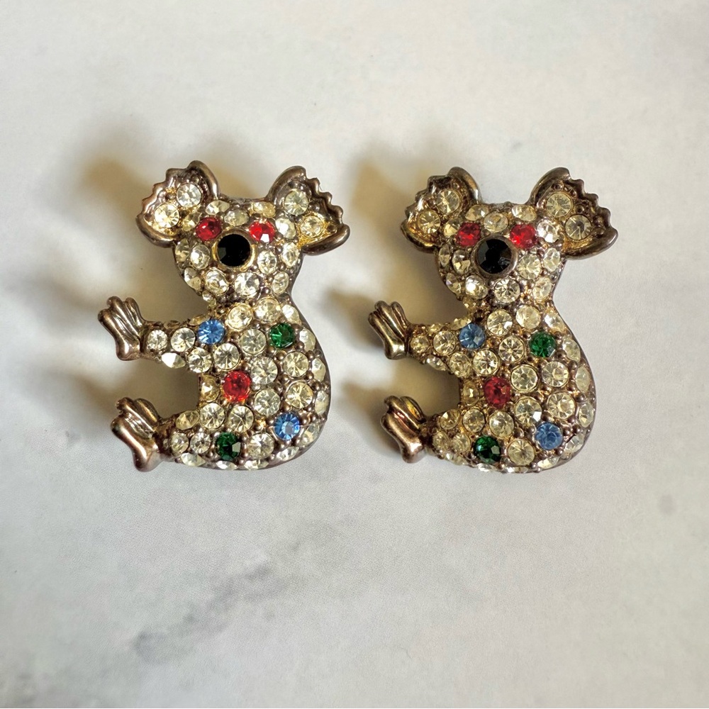 Vintage Rhinestone Koala Brooch Pins Set of 2 Multicolor Crystal Animal Jewelry